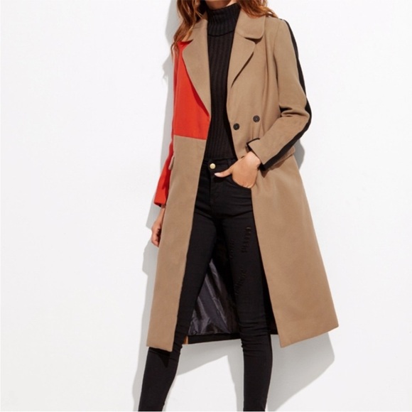 NWOT SHEIN Colorblock Orange Camel Black Trench Coat Jacket Size S - Picture 2 of 4